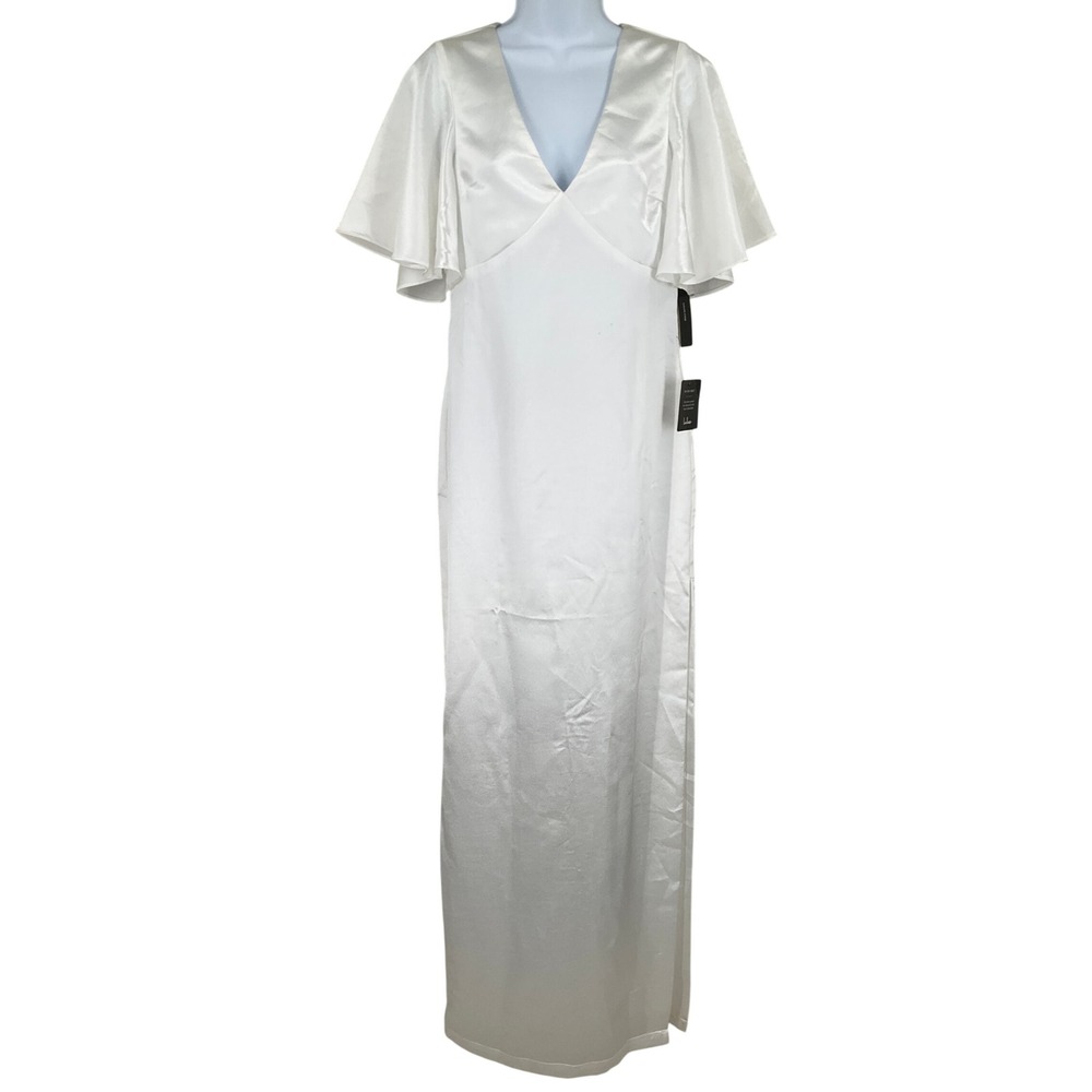 Lulus Maxi Dress Women M White Satin Flutter Sleeve V-Neck Elegant Babydoll NEW